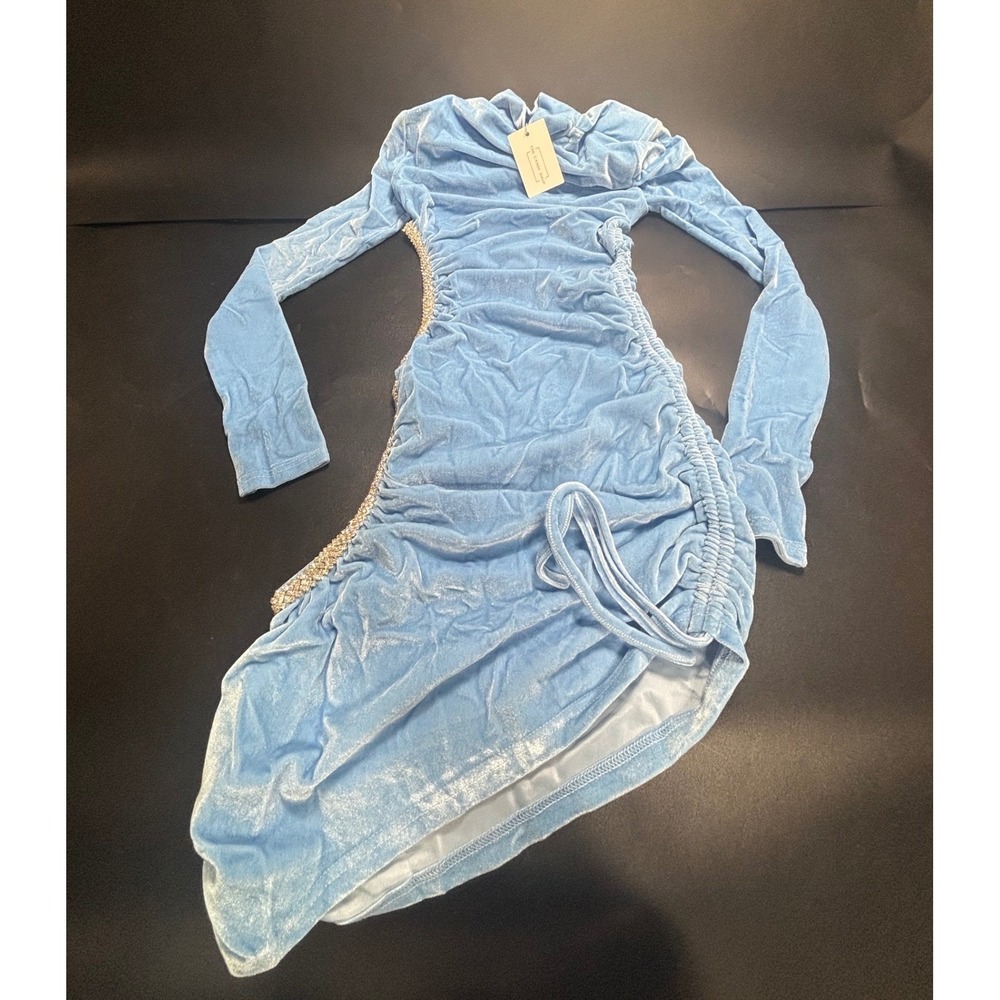 The Cande Shop Jade Blue Velvet Ruched Rhinestone Cutout Mini Dress PE52 S NEW
